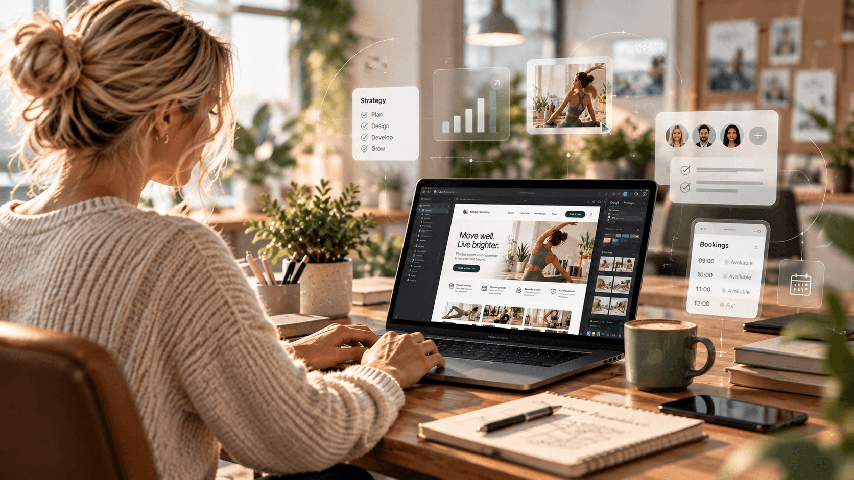 A designer building a booking website, with planning, analytics and booking panels around the laptop