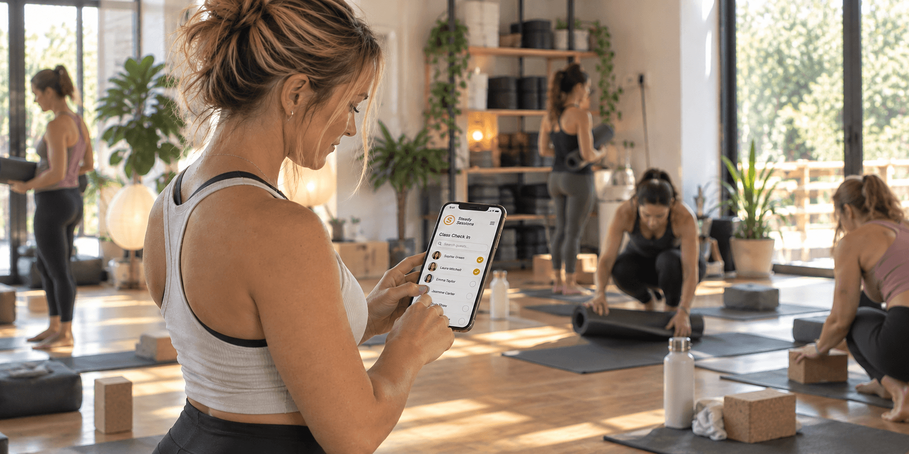 An instructor checking people into her class on the Steady Sessions app as the studio fills up